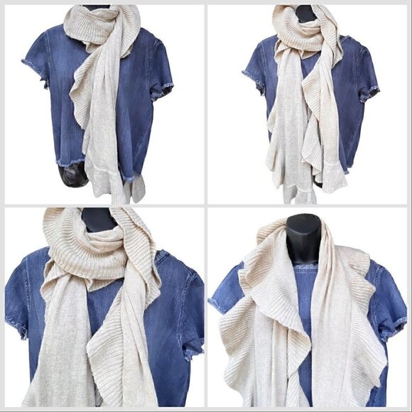 H & M Ruffle Trim Long Wool Blend Knitted Beige Scarf 18”x70” NWT Coastal Snow - Picture 1 of 11